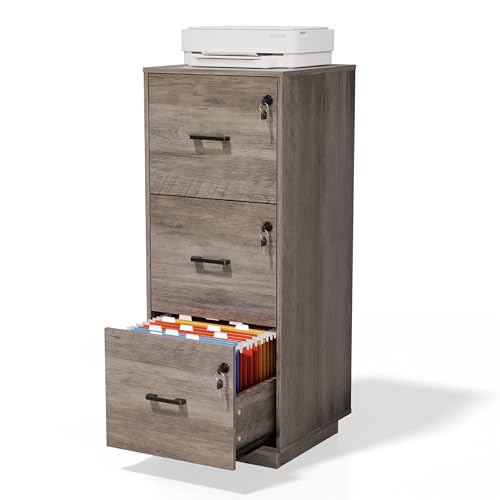 VINGLI 3 Drawer File Cabinet with Lock, Home Office Filing Organizer, for Letter Size File Folder Storage, Wood Tall Vertical Filing Cabinet, Printer Stand, Archivador (Rustic Gray) - color: Rustic Gray, size: High 3 Drawer