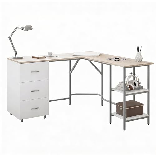 Techni Mobili 59" Two-Tone L‑Shaped Office Desk with Storage Shelves, Sand - color: Sand