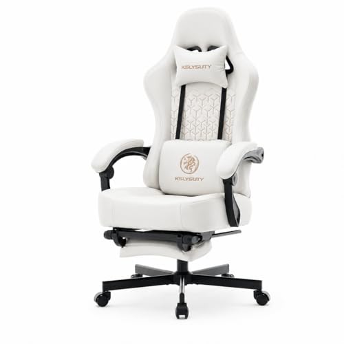Office Desk Computer Gaming Chair for Adults, Ergonomic High Back Gamer Chair with Massage and Pocket Spring Cushion, Swivel Comfy Video Game Chairs with Footrest and Lumbar Supporrt (Pro White) - color: Plus White Leather