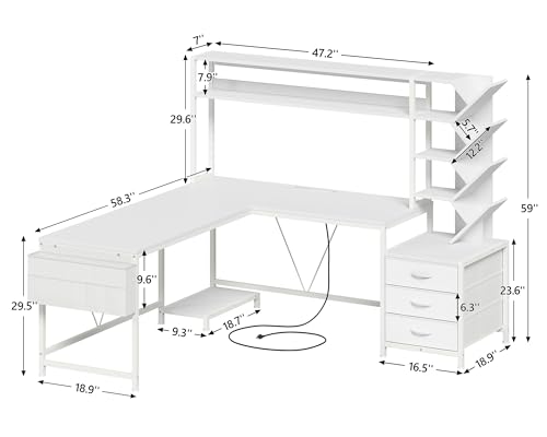 63" L Shaped Desk with Bookshelf, Drawers and Hutch for Home Office - color: White, size: 63" L Shaped Desk