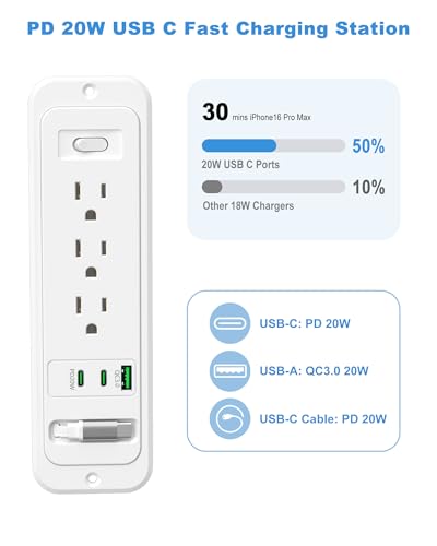 Recessed Power Strip with Retractable USB C Cable,2 PD 20W USB C,Flush Mount Countertop Drawer Outlet, Furniture Hidden Outlet for Side Table,End Table,3 Outlets (White, 6FT-20W USB) - color: White, size: 6FT-20W USB