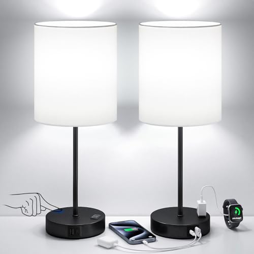 White Black Touch Lamps for Bedroom Set of 2, Dimmable, USB C+A, AC Outlet | Large 17.6" Tall Lamp, 3-Way Dimming, 5000K Daylight Bulbs, White Lampshade Black Base, for Living Room, Boys, Men, Girls - color: White - Black
