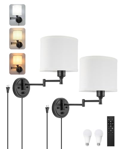 Plug in Wall Sconces with Remote Control, Dimming 10%-100% & Adjustable Colors 2700K-6500K, Hardwire or Plug-in, Swing Arm Wall Lamp with White Fabric Shade, Wall Sconces Set of Two, Black Finish - color: Black & White