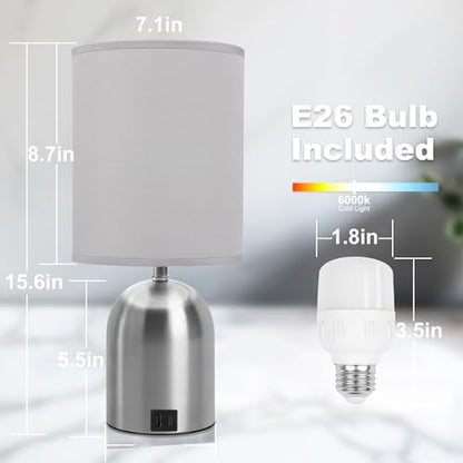Bedside Table Lamp for Bedroom, 3 Way Dimmable Touch Desk Lamp | USB Charging Port Table Lamps for Living Room, Bedroom, Reading Room, Office, Grey/Sliver