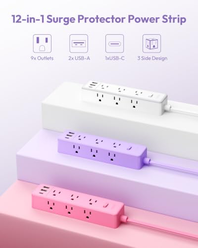Purple Power Strip, NTONPOWER Purple Surge Protector Extension Cord 5FT, 9 Outlets 3 USB (1 USB C), Mounted,1080J, Multiple Outlets Desk Accessories for Home Office, Vanity Desk, Nightstand - color: Purple, size: 5FT