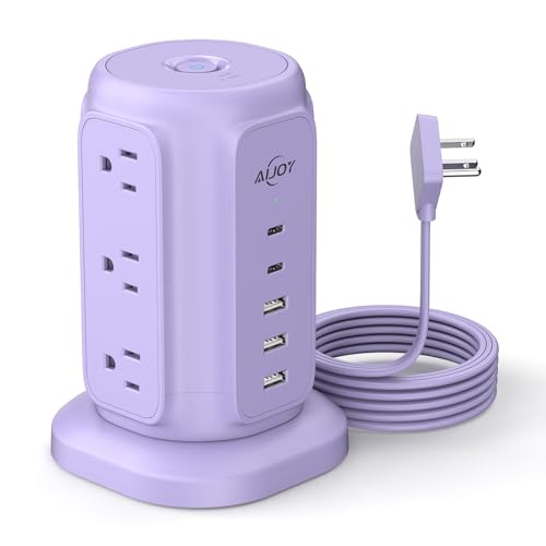 AiJoy Power Strip Tower with 9 AC Outlets and 5 USB Ports Charging Station - color: Purple