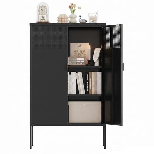 Metal Storage Cabinet,2 Door TV Stand, Metal Mesh Accent Cabinet | Magnetic Door Closure,Low Storage Cabinets with Doors and Shelf for Home,Office,Living Room - color: Black, size: 47"H