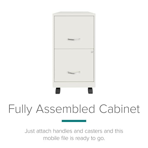 Space Solutions - 2 Drawer Fully Assembled Vertical Steel File Cabinet, Home & Small Office Use, Fits Under Most Desks, Letter-Size, Lock, Mobile, Pearl White