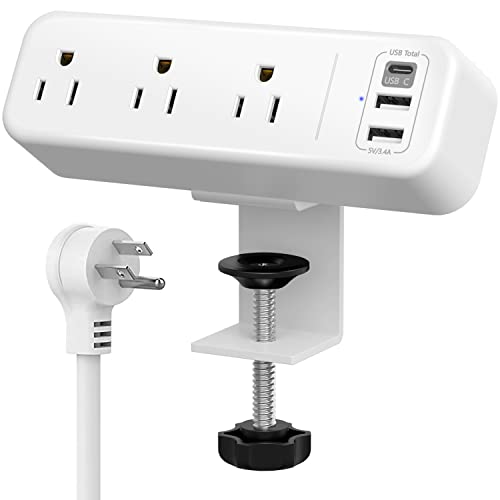 Desk Clamp Power Strip with USB C, 3 Outlets Desktop Mount Power Station with 6.5 ft Plug Extension Cord, White