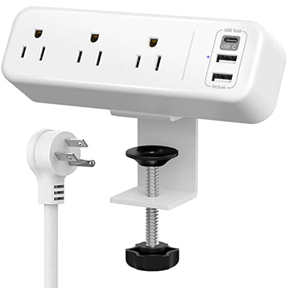 Desk Clamp Power Strip with USB C, 3 Outlets Desktop Mount Power Station with 6.5 ft Plug Extension Cord, White