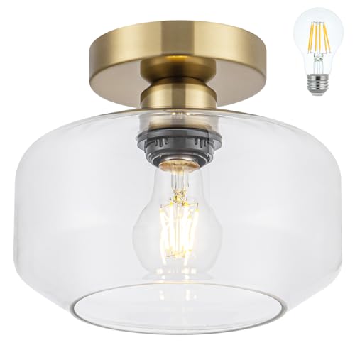 Tbaoinal Semi Flush Mount Ceiling Light Clear Glass Shade Matal Base, Inclede 900 LM LED Bulb, Low-Profile for Kitchen/Hallway/Entryway/Bathroom, Golden - color: Golden