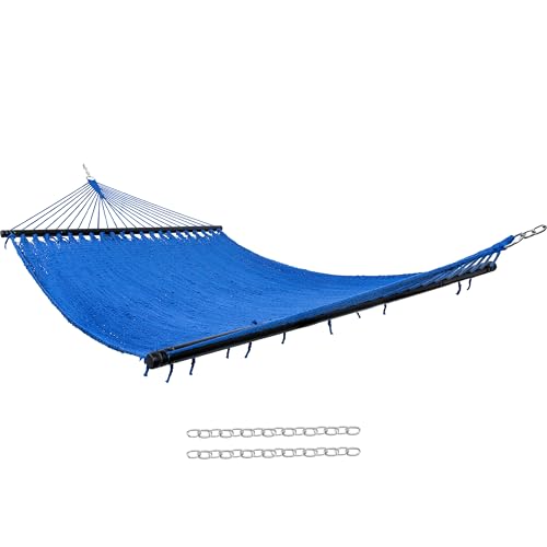 Sunnydaze Heavy Duty Double Rope Hammock for Outside, 600 lb Capacity | Blue, 75" x 55" Bed, Soft-Spun Polyester, Wood Spreader Bars, 2-Person Outdoor Hammock for Backyard, Camping, or Patio - color: Blue