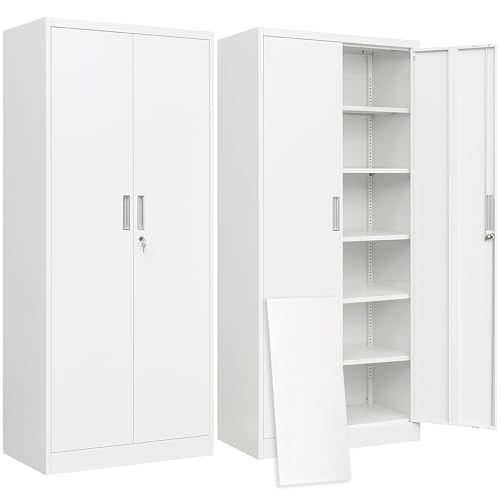 BESFUR Metal Storage Cabinet with 2 Doors and 5 Adjustable Shelves Garage Storage Cabinet with Lock 71" Office Storage Cabinets Locking Cabinets for Garage Office Shop Home (White) - color: White, size: 71"H x 31.5"W x 15.7"D