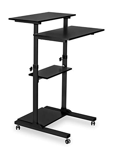Mount-It! Black Rolling Standing Desk, Adjustable Height up to 54.7", Portable Laptop Podium Desk on Wheels, Mobile Computer Workstation with 4 Shelves 27.5" Wide, Cart for Home Office or Classroom - color: Black
