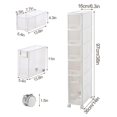 Slim Rolling Storage Cart 6.3in Drawers for Small Spaces Convenient Kitchen & Bathroom Organizer Compact Plastic Cabinet for Fridge Side Narrow Storage Solution for Tight Spaces - size: 5Tier