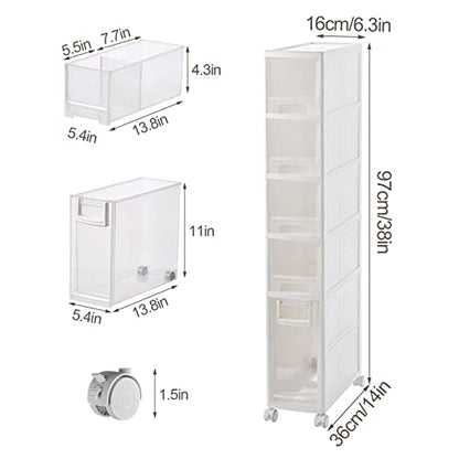 Slim Rolling Storage Cart 6.3in Drawers for Small Spaces Convenient Kitchen & Bathroom Organizer Compact Plastic Cabinet for Fridge Side Narrow Storage Solution for Tight Spaces - size: 5Tier