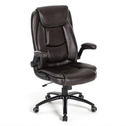 MALOL 300LBS PU Leather High-Back Executive Office Chairs, Heavy Duty Home Ergonomic Computer Chair Flip-Up Armrests & Reclining Backrest, Brown - color: Brown-new