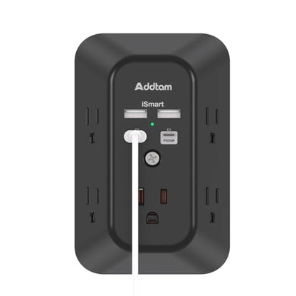 Addtam 5-Outlet Extender Surge Protector, Multi Plug Wall Outlet with 4 USB Wall Charger(PD 20W), Plug Extension Outlet 1800J, Outlet Splitter Power Strip for Home Office Dorm Room Essentials, Black - style: 2C2A PD 20W