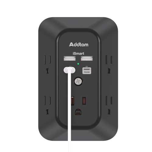 Addtam 5-Outlet Extender Surge Protector, Multi Plug Wall Outlet with 4 USB Wall Charger(PD 20W), Plug Extension Outlet 1800J, Outlet Splitter Power Strip for Home Office Dorm Room Essentials, Black - style: 2C2A PD 20W