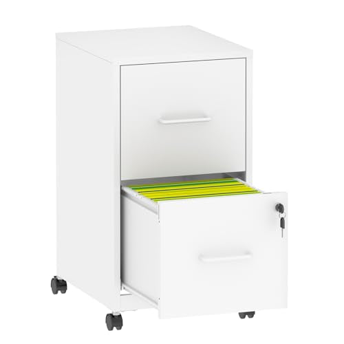 2 Drawer Mobile File Cabinet with Lock, Rolling Metal Filing Cabinet on Wheels, Lockable Under Desk Steel Vertical File Cabinets for Home Office, Letter/Legal/A4/F4, Assembly Required White