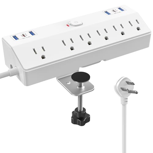 40W Fast Charging Station, Desk Clamp Power Strip 10FT Extension Cord, JXGUCAT Removable Desk Mount Flat Plug Power Strip Surge Protector, 2 USB-C Ports, 6 Outlets, Fits 1.8" Tabletop Edge - color: White 1.8", size: 10FT