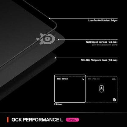 SteelSeries QcK L Performance Speed Gaming Mousepad — Extra Density for a Smooth Glide — Low-Profile Edge Stitching — Non-Slip Neoprene Rubber Base — 16.54 x 19.29 inch — FPS, MOBAs, RTS, MMO - size: Large, style: Speed