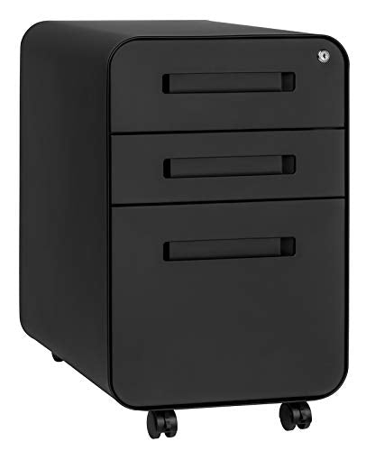 Laura Davidson Furniture Stockpile 3 Drawer File Cabinet with Lock - Under Office Desk Metal Filing Cabinet, Legal/Letter File Folders, Wheels and Stationary Feet, Pre-Assembled, Black - color: Black