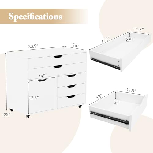 MAT EXPERT 5-Drawer Mobile File Cabinet w/Door, Lateral Filing Cabinet w/5 Universal Wheels, Rolling File Cabinets with Storage, Modern Wood Printer Stand for Home Office, Living Room, Study (White) - color: White
