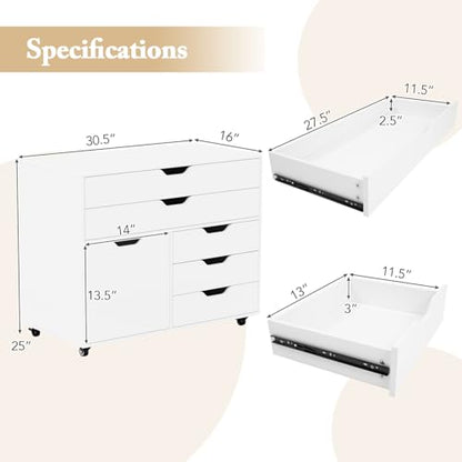 MAT EXPERT 5-Drawer Mobile File Cabinet w/Door, Lateral Filing Cabinet w/5 Universal Wheels, Rolling File Cabinets with Storage, Modern Wood Printer Stand for Home Office, Living Room, Study (White) - color: White