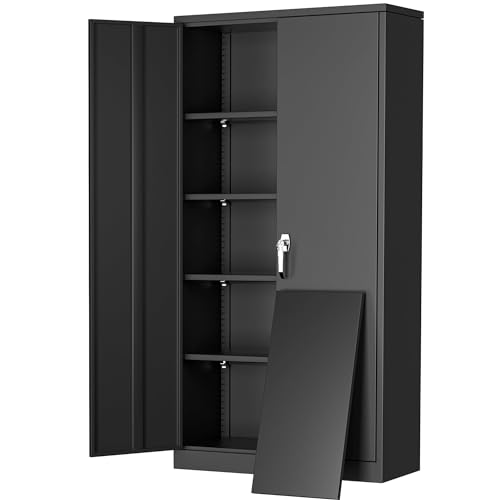 Greenvelly Metal Cabinet with Lock, 72" Metal Storage Cabinet with 2 Doors and Adjustable 4 Shelves, Locking Cabinet for Home Office, Garage(32" W x 16" D), Black
