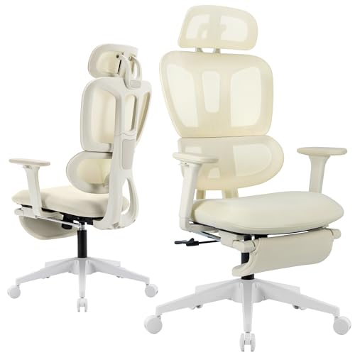 Ergonomic Mesh Office Chair with Retractable Footrest - High Back Computer Chair, Lumbar Support, Adjustable Armrest and Headrest, Durable Base - Multifunctional Home Office Desk Chair for Adults - color: Cream