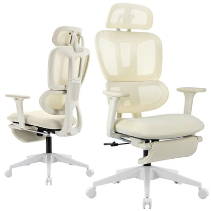 Ergonomic Mesh Office Chair with Retractable Footrest - High Back Computer Chair, Lumbar Support, Adjustable Armrest and Headrest, Durable Base - Multifunctional Home Office Desk Chair for Adults - color: Cream