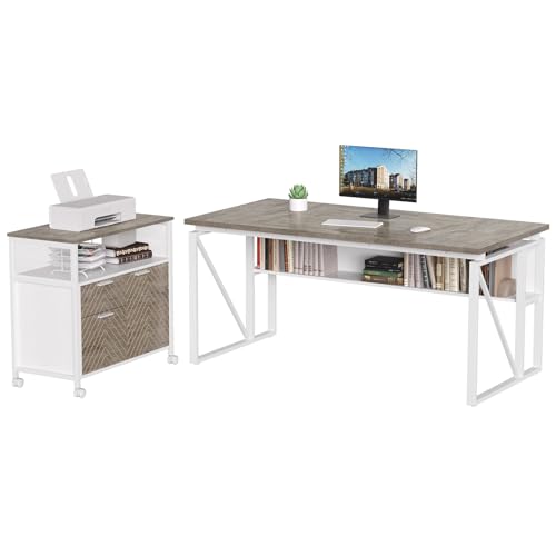 LITTLE TREE 63-Inch Office Desk with 31.5-Inch Lateral File Cabinet, Study Writing Desk Computer Desk for Home Office - color: Grey + White
