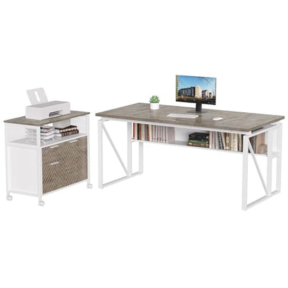 LITTLE TREE 63-Inch Office Desk with 31.5-Inch Lateral File Cabinet, Study Writing Desk Computer Desk for Home Office - color: Grey + White