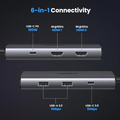 UGREEN USB C Docking Station Dual Monitor 4K@60Hz, 6-in-1 Dock with 2xHDMI