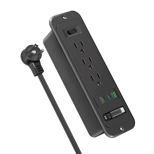 Recessed Power Strip with Retractable USB C Cable,2 PD 20W USB C,Flush Mount Countertop Drawer Outlet, Furniture Hidden Outlet for Side Table,End Table,3 Outlets (Black, 6FT-20W USB) - color: Black, size: 6FT-20W USB