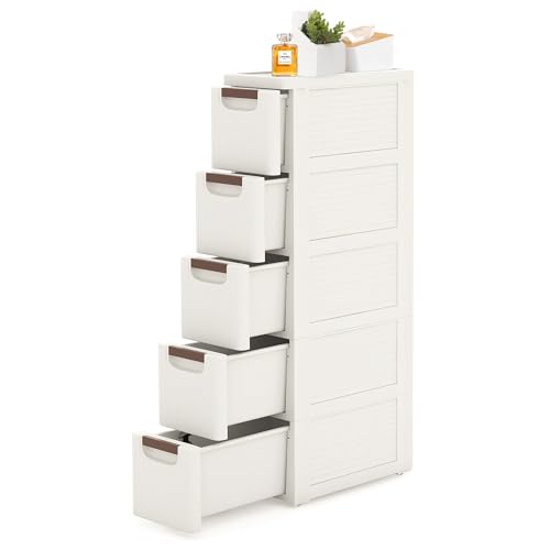 5 Drawers Slim Bathroom Storage Cabinet Dresser, Narrow Plastic Rolling Cart Organizer with Drawers, for Small Spaces, Kitchen, Laundry, Office, Bedroom, White - size: 7.5"x16.5"xx35.8"(5-Drawer)
