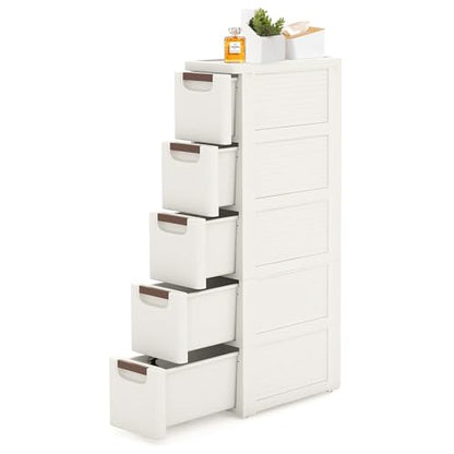 5 Drawers Slim Bathroom Storage Cabinet Dresser, Narrow Plastic Rolling Cart Organizer with Drawers, for Small Spaces, Kitchen, Laundry, Office, Bedroom, White - size: 7.5"x16.5"xx35.8"(5-Drawer)