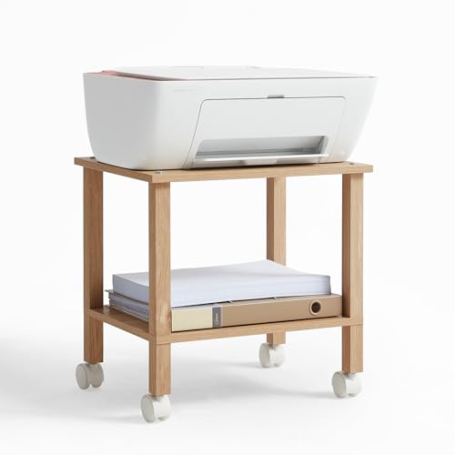 YUFAM 2 Tier Printer Stand with Storage,Under Desk Shelf Printer Table,Small Printer Stand with Wheels,Rolling Printer Cart for Office - color: Wood, size: 11.8"D×15.7"W×15.3"H