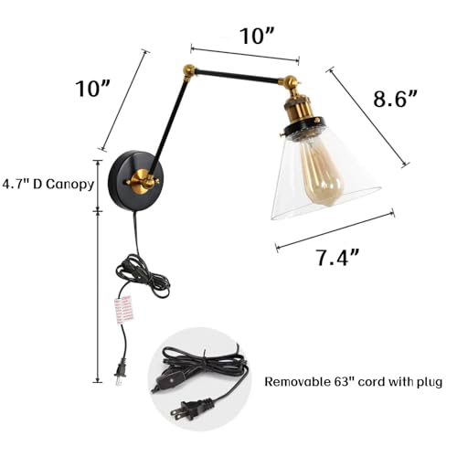 LOG BARN Swing Arm Wall Sconce Plug-in or Hardwire, Adjustable Black Antique Brass Wall Lamp with Clear Glass Shade, Reading Light for Bedroom, Living Room, Office