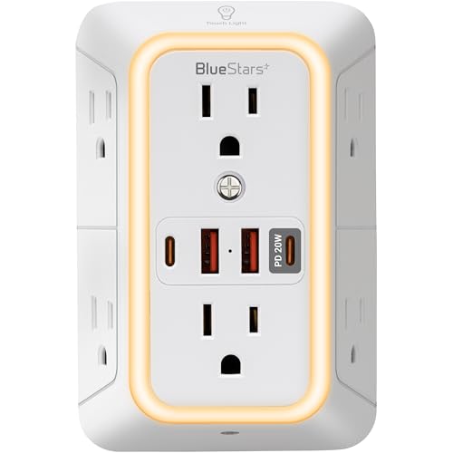 Surge Protector Outlet Extender, 6 Outlets & 4 USB Ports with Fast Charging Type C PD 20W, Night Light, 3-Sided Power Strip, Multi Plug Wall Charger for Home, Office, Travel, Cruise Ship - color: White - PD20W