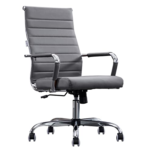 Home Office Chair Ribbed, Modern Leather Conference Room Chairs, Ergonomic Office Desk Chair, High Back Executive Computer Chair, Adjustable Swivel Chair with Arms (Grey) - color: Grey
