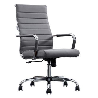 Home Office Chair Ribbed, Modern Leather Conference Room Chairs, Ergonomic Office Desk Chair, High Back Executive Computer Chair, Adjustable Swivel Chair with Arms (Grey) - color: Grey