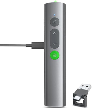 Wireless Presentation Clicker PowerPoint Remote: USB C A Presenter PPT Power Point Google Slide Advancer with Green Laser Pointer Smart Board Clicker for Computer Laptop Mac Projector Office Classroom - style: Metal & Green Laser