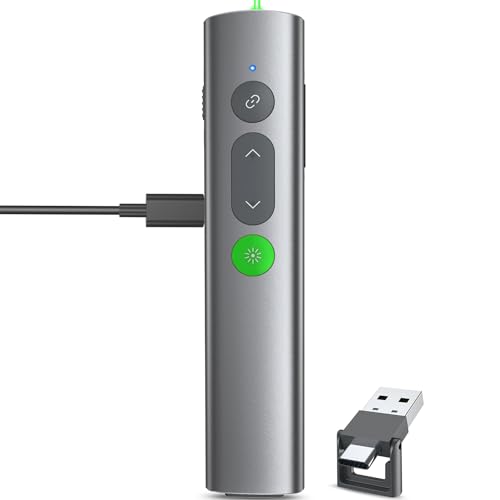 Wireless Presentation Clicker PowerPoint Remote: USB C A Presenter PPT Power Point Google Slide Advancer with Green Laser Pointer Smart Board Clicker for Computer Laptop Mac Projector Office Classroom - style: Metal & Green Laser