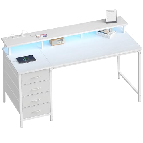 DUMOS 47-Inch Gaming Desk with Power Outlets and LED Lights, White | Computer Desk with 4 Storage Drawers, Home Office Desk with Monitor Stand, Small Desk for Bedroom Study - color: White, size: 47-In