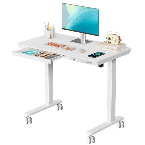35" Electric Standing Desk with Drawer, 4 Lockable Wheels - color: White Wood-top, size: 35"