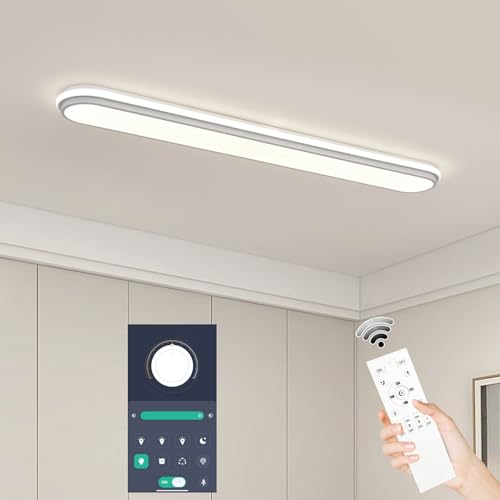 Smart 4Ft Linear LED Ceiling Light, 68W Dimmable Flush Mount Wraparound Fixture with Remote Control, Modern Metal Design, Suitable for Energy-Saving LED Lighting for Home Use - color: Dimmable(Memory Function/CRI 97+) - B, size: 48 Inch (4 FT)