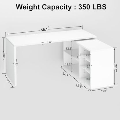 HSH White L Shaped Desk with Storage, Home Office Desk for Work, 55 Inch - color: White Oak