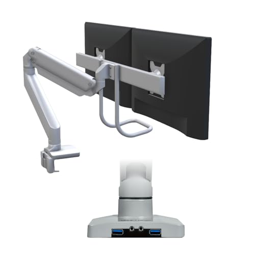 UPLIFT DESK Crestview Align Dual Monitor Arm - Gas Spring Monitor Mount with Adjustment Handle & USB Ports, 13-32” Inch Displays, VESA Compatible, Clamp or Grommet Mounting, Fits Standing Desks (Gray) - color: Gray, style: Dual Monitor Arm w/ Wiring Kit